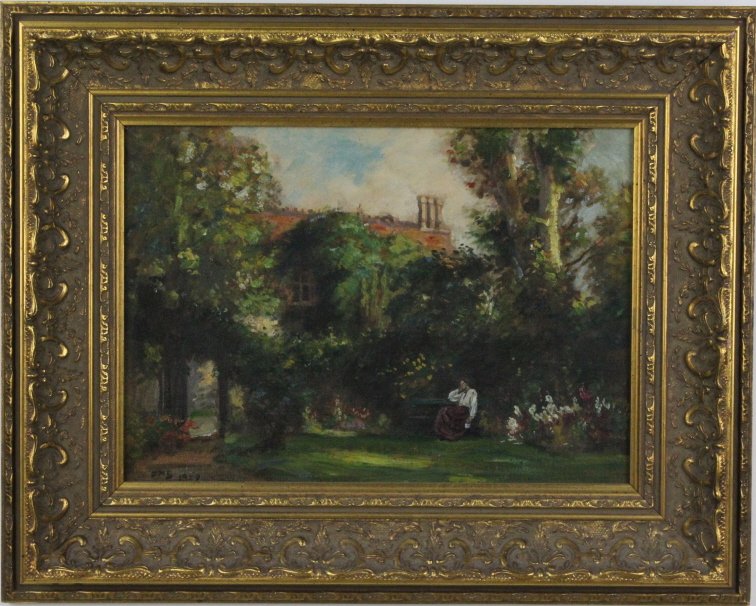 Frank Moss Bennett English Garden Oil Painting: Signed Frank Moss Bennett (1874-1953 England) landscape oil on artist board painting. Depicts a quiet English garden with a lady in thought. Signed lower left, dated 1929. Housed in an ornate gold fra