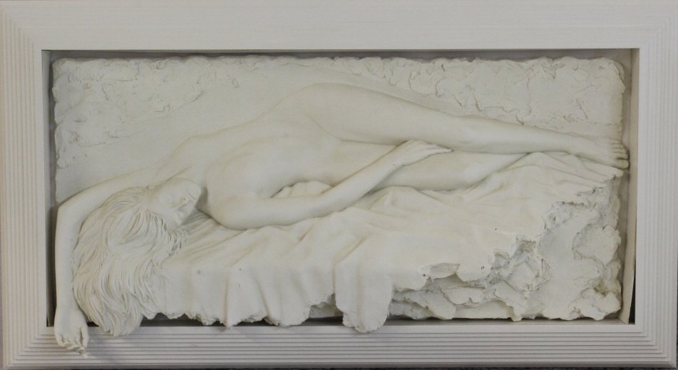 Large BILL MACK Harmony Female Nude Sculpture: Authentic signed Bill Mack (1949- Minnesota) bonded sand sculpture. Harmony features a beautiful reclining female in the nude. Her hand and hair come across the stepped frame. Gorgeous ivory color. Li