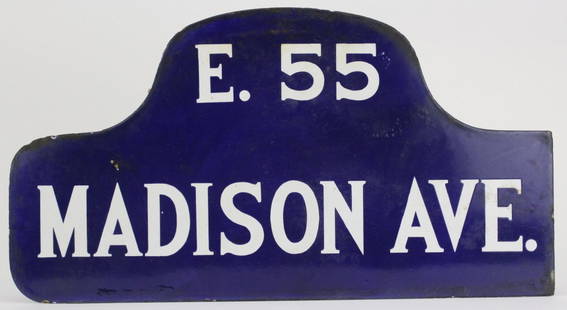 RARE New York City Madison Ave Enameled NYC Street Sign: Rare antique 19th century double sided enameled street sign from New York City. This sign stood for many years at the corner of East 55th street and Madison Avenue. Hump back design with cobalt blue