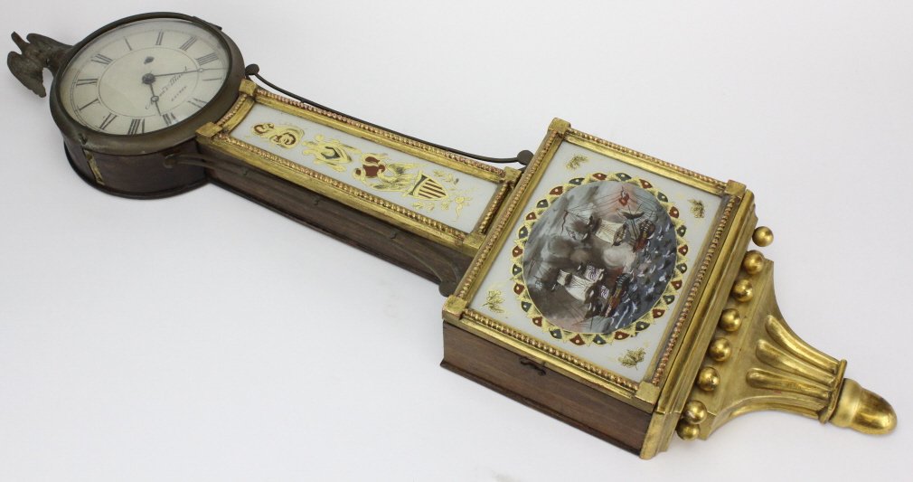 Aaron Willard Boston Reverse Ship Painting Banjo Clock: Antique Boston banjo clock by Aaron Willard. Clock face signed in script "Aaron Willard Boston" Wood case with gilt beaded trim. Eglomise throat panel hand painted with stars and stripes. American shi