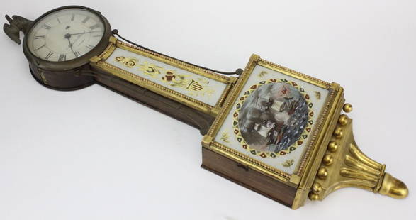 Aaron Willard Boston Reverse Ship Painting Banjo Clock: Antique Boston banjo clock by Aaron Willard. Clock face signed in script "Aaron Willard Boston" Wood case with gilt beaded trim. Eglomise throat panel hand painted with stars and stripes. American