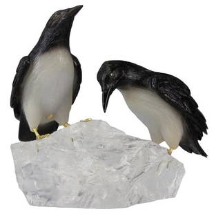 Erwin Klein for Vacheron & Constantin Bird Sculpture: Master carving by Erwin Klein for Vacheron Constantin. Features a pair of brown and white birds on a rock crystal base. Birds are hand carved from solid agate. Klein's careful use of the material