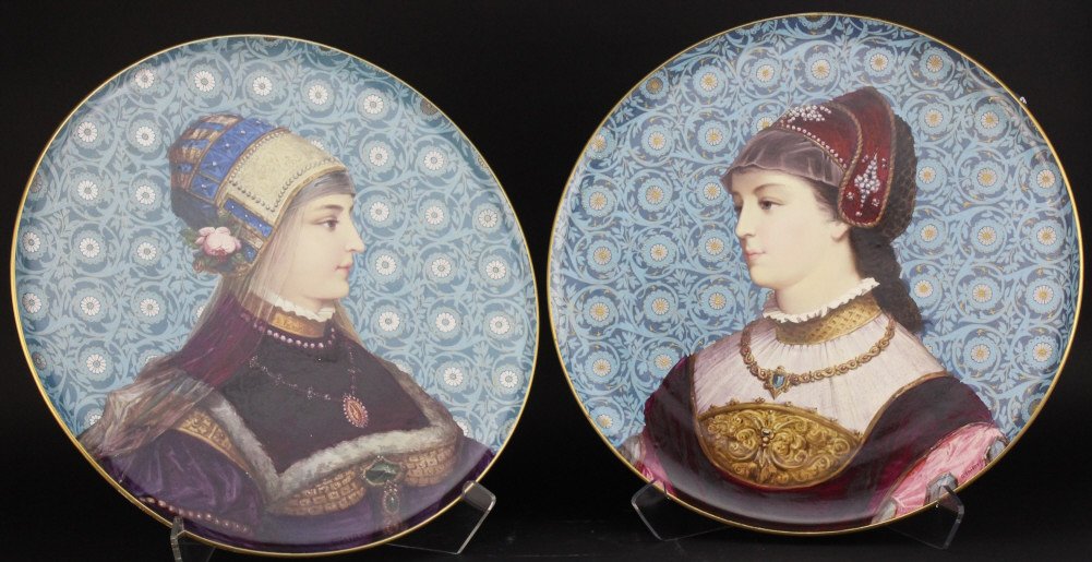 PAIR Antique Georges Poitevin French 20" Charger Plate: Pair of Antique Late 19th Century French Chargers. Masterfully Painted Portraits Of Renaissance Women By Georges Poitevin. Best Known For His Work as a Sevres porcelain decorator. Portraits are agains
