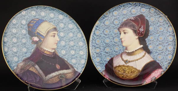 PAIR Antique Georges Poitevin French 20" Charger Plate: Pair of Antique Late 19th Century French Chargers. Masterfully Painted Portraits Of Renaissance Women By Georges Poitevin. Best Known For His Work as a Sevres porcelain decorator. Portraits are