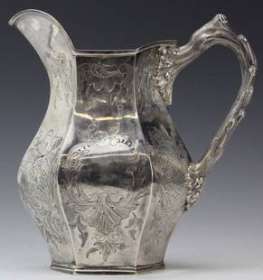 19th Cen. Joseph Angell English Silver Engraved Pitcher: Antique 19th Century English silver cream pitcher by Joseph Angell. Crafted of Fine Quality English Sterling Silver .925. Features a six side design with fancy engraving popular in the Pre Civil War