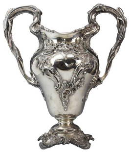 Shreve Crump & Low Sterling Silver Art Nouveau Vase Urn: Stunning Art Nouveau style double handled vase by Shreve Crump & Low. Crafted out of Solid Fine Sterling Silver .925. Features a cat tails and Flowers with Rococo cartouches. Signed SHREVE CRUMP &