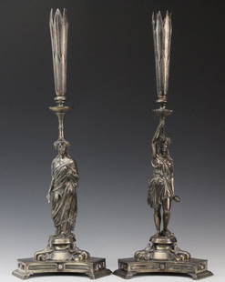 William Bogert PAIR Figural Greek Silver Candlesticks: Pair of Antique Grecian Revival figural candlesticks by William Bogert for D. Austin & Sons NYC. Crafted of Solid Sterling Silver 925. Features Female Figures in Robe Dress. Tricorn bases with