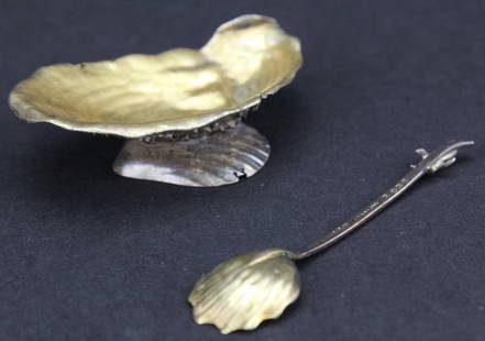 Gorham Sterling Silver Shell Narragansett Master Salt: Rare Gorham Shell Form Master Salt. Crafted of Sterling Silver with Gilt Bowl. Narragansett pattern with Naturalistic Decoration. Comes Complete with Salt Spoon. Measures 2 1/4" x 1 3/8". Good