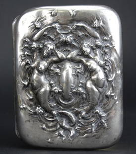 Unger Brothers Sterling Silver Mermaid Card Case: Antique repousse card case by Unger Brothers. Crafted of Sterling Silver. Features a fantasy scene of Mermaids in the Art Nouveau style. Gold gilt interior with cross bar. Signed STERLING 925 FINE