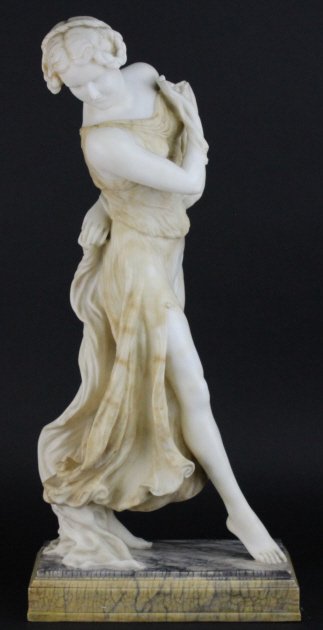 Alexander Sandor Jaray 1870-1916 Hungary 25" Sculpture: Alexander Sandor Jaray (1870-1916) Hungarian Sculpture. Crafted Of Fine Quality Carved Alabaster. Features Cleverly Stained Dress And Flooring. Signed On The Base. Measures Approximately 25 1/2" x 12"