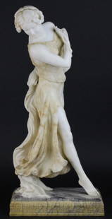 Alexander Sandor Jaray 1870-1916 Hungary 25" Sculpture: Alexander Sandor Jaray (1870-1916) Hungarian Sculpture. Crafted Of Fine Quality Carved Alabaster. Features Cleverly Stained Dress And Flooring. Signed On The Base. Measures Approximately 25 1/2" x