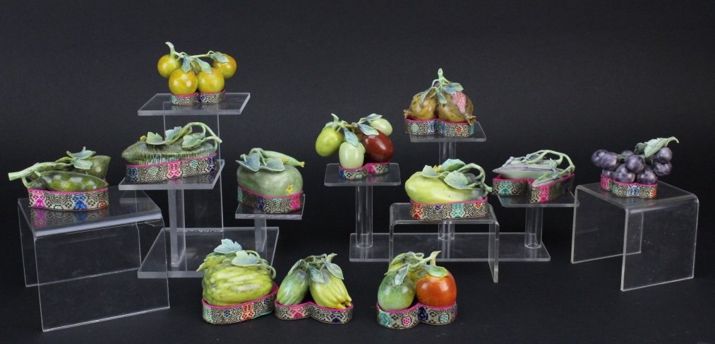 SET of 12 Chinese Export Porcelain Altar Fruit Statue: Very nice collection of Chinese Altar fruit statues. Hand crafted of fine quality porcelain with wonderful colors. Each has a custom fitted silk base. Very rare to find a complete set. Largest measure