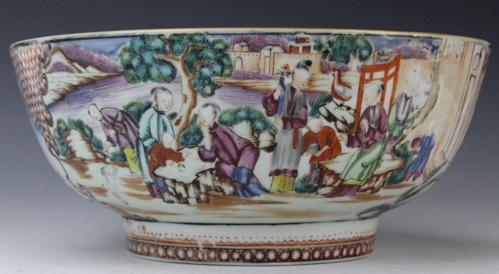 Antique Chinese Rose Mandarin Porcelain Punch Bowl: Antique Chinese Export Porcelain Punch Bowl. Features a hand painted village scene in the Rose Mandarin colors. Gold gilt accents. Center of bowl with purple rose. Good condition with hairlines to sid