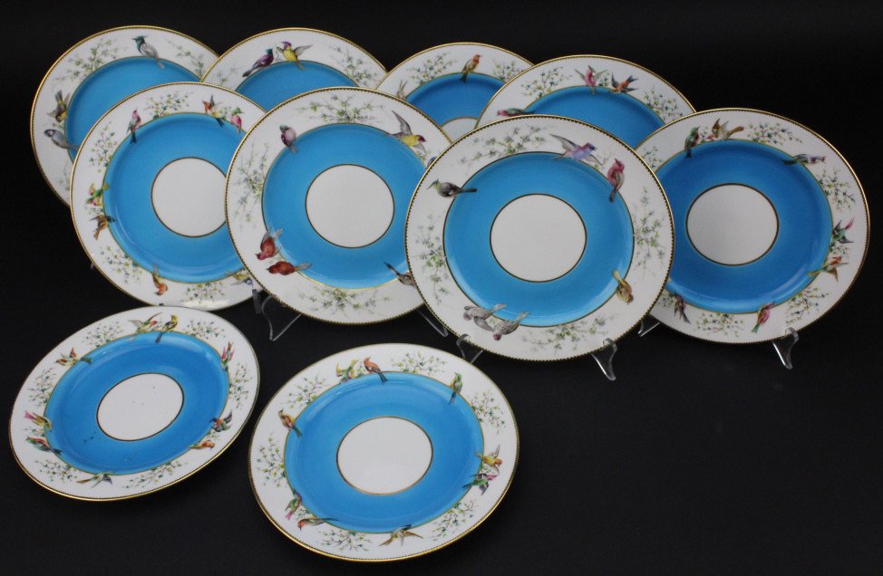 Set 10 Mintons H/P Turquoise Bird 9" Dinner Plates: Set of 10 Antique Dinner Plates by Mintons England. Crafted of Fine Quality English Porcelain. Features a wide turquoise band with hand painted birds and flowering branches. Gold gilt highlights. Sign