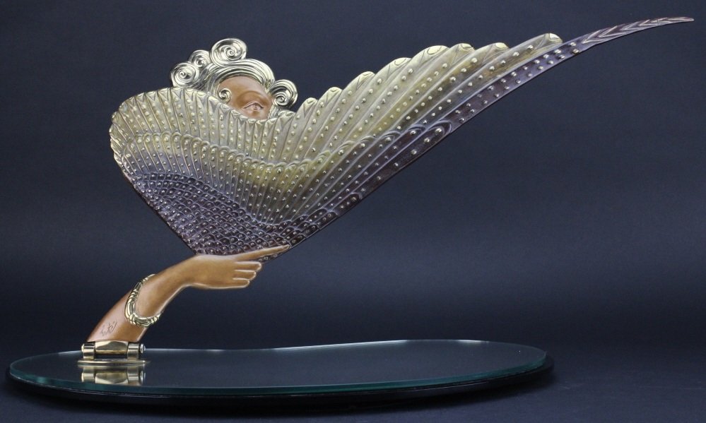 ERTE COQUETTE Deco Bronze Sculptural Vanity Mirror: "Coquette" sculptural vanity mirror by Erte aka Romain De Tirtoff (1892-1990 Russia). Crafted out of cast bronze with hand applied patination and embellishments. Depicts a beautiful Art Deco Lady with