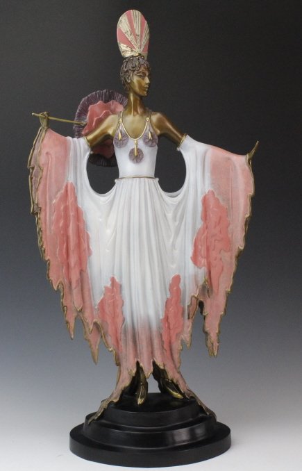 ERTE L/E TWILIGHT Pink Lady Deco Bronze Sculpture: "Twilight" sculpture by Erte aka Romain De Tirtoff (1892-1990 Russia). Crafted out of cast bronze with hand applied patination and embellishments. Depicts a beautiful Art Deco Beauty in a Pink and Whi