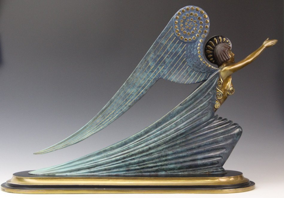 ERTE The ANGEL L/E S/N Art Deco Bronze Sculpture: "The Angel" sculpture by Erte aka Romain De Tirtoff (1892-1990 Russia). Crafted out of cast bronze with hand applied patination and polished embellishments. Depicts a beautiful Art Deco style lady wit