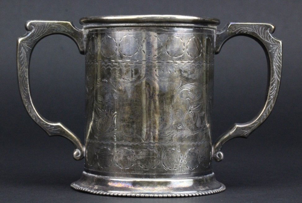19th C. George Sharp Bailey & Co Silver Loving Cup: Antique 19th Century Silver Loving Cup by George Sharp for Bailey & Co. Crafted of Fine Quality Coin Silver. Features a Double Handled Design with Floral Engraving. George Sharp is an Important Philad