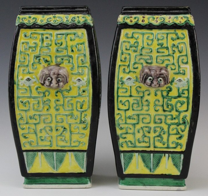 PAIR of Chinese Famille Verte Porcelain Square 8" Vases: Pair of Chinese Porcelain Vase. Decorated in the Famille Verte colors. Fantastic Masks on side. Bears a six character impressed mark. Each measures 8 3/4" x 5" Good condition with mild staining of int