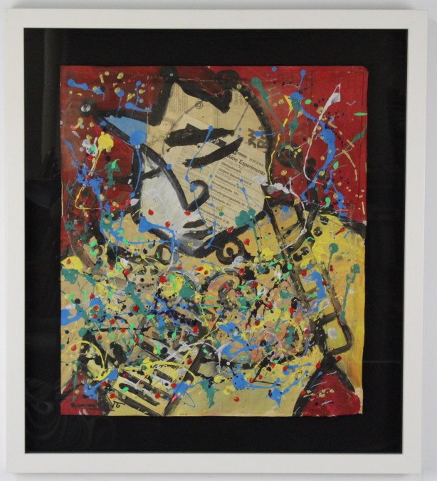 Romero Britto ORIGINAL Portrait Newspaper Painting: Signed Original Romero Britto (Miami/Brazil 1963-) Pop Art Painting. Features a Mans face on vintage Newspaper. Signed Lower Left. Inventory sticker on the verso with $48,000 sticker price. Work measu