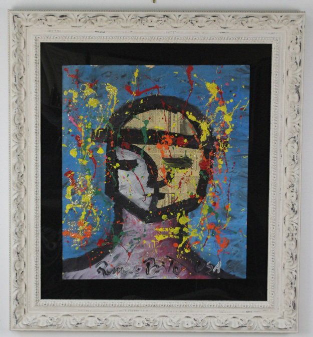 Romero Britto ORIGINAL Joy Art Newsprint Painting: Signed Original Romero Britto (Miami/Brazil 1963-) Pop Art Painting. "Enjoy My Art" Features a Mans face on vintage Newspaper. Signed Lower Left. Titled on verso and signed. Work measures 27" x 23 1/2
