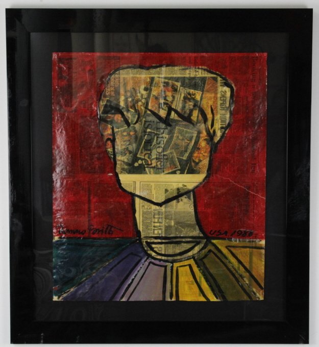 Romero Britto ORIGINAL Newspaper PERSON Painting: Signed Original Romero Britto (Miami/Brazil 1963-) Pop Art Painting. "Person" features a face on vintage Newspaper. Signed Lower Left, Dated lower Right 1988. Inventory sticker on the verso with $48,0