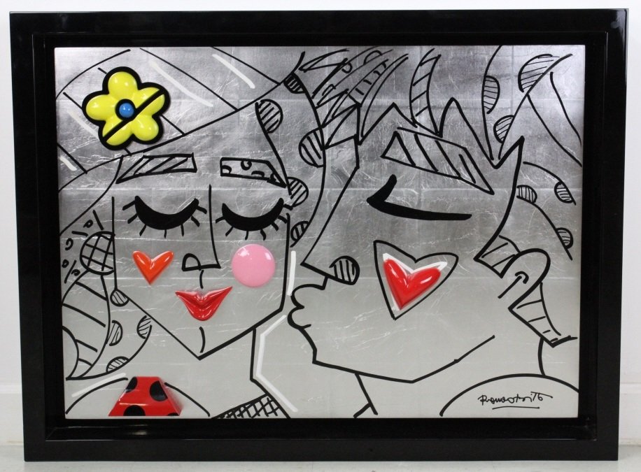 Romero Britto ORIGINAL BESA Mixed Media Painting: Signed Original Romero Britto (Miami/Brazil 1963-) Pop Art Mixed Media Painting. Besa Me Much brightly painted cast elements against a silver leafed background with thick black outlines. Signed Lower 