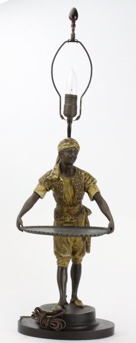 Louis Hottot Bronze Type Orientalist w/ Tray Lamp: Very nice antique table lamp in the Orientalist style by Louis Hottot (France 1829-1905). Crafted of bronze finished spelter with cold painted details. "Le Porteur de Plateau" features a mustached man