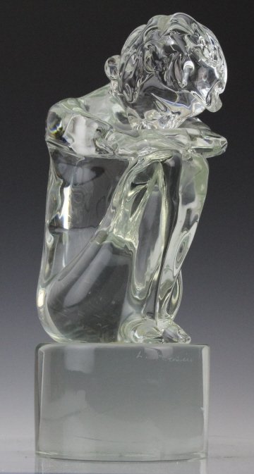Loredano Rosin Murano Art Glass Figural Sculpture: Signed Loredano Rosin (Italy 1936-1991) sculpture of a girl hugging her knees. Executed in crystal. Wonderful detailing giving an emotional charge to the art glass. Signed L. Rosin in script. Measures