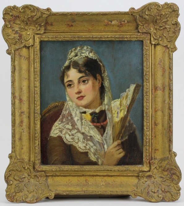 JOHN PHILLIP Spanish Girl Portrait Oil Painting: Signed John Phillip (United Kingdom 1817-1867) portrait oil painting on board of a young Spanish girl with a fan. Masterfully rendered with stunning delicate detailing to face and lace. Housed in an a