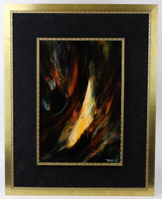LEONARDO NIERMAN Abstract Landscape Oil Painting LISTED: Signed Leonardo Nierman (NYC / Mexico 1932- ) abstract landscape oil on board painting. Features a dynamic dark landscape in reds and creams against a dark background. Housed in a black suede lined go