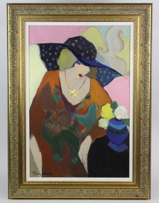 Itzchak Isaac TARKAY Lady Original Oil Painting LISTED: Signed original Itzchak Isaac Tarkay (1935-2012 Israel / Serbia) portrait oil on canvas painting. Features a beautiful lady in a blue hat with flowers. Housed in a contemporary ornate gold gilt frame.