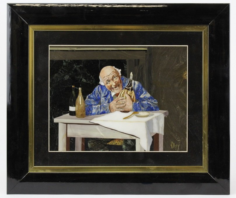 Very FINE Italian Pietra Dura Plaque Man w/ Wine: Fine quality Italian Pietra Dura portrait plaque. Depicts an old man with his bottle of wine. Fantastically crafted of stone inlay. Extremely fine work captures his character perfectly, with a superb 