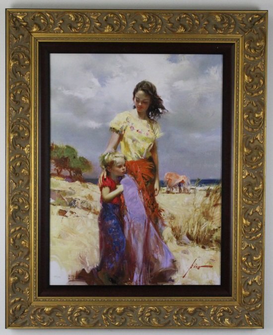 Giuseppe Pino Family Retreat L/E Giclee On Canvas: Giuseppe Pino (1939-2010) American Italian. Signed And Number Giclee On Canvas. "Family Retreat" Limited Edition 134 of 295. Housed In An Ornate Gold Gilt Frame. Work Measures Approximately 31 1/2" x 