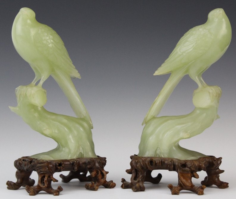 PAIR Chinese Celadon Jade Bird of Paradise Statues