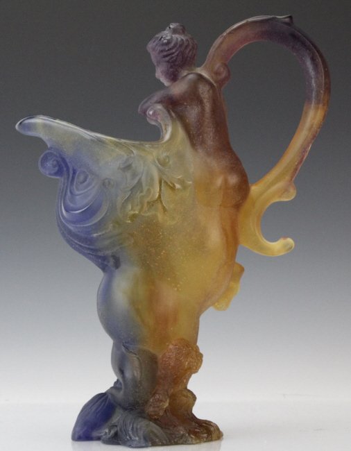 DAUM Pate de Verre French Art Glass Mythology 12" Ewer: Signed Daum French art glass ewer. Crafted of Purple and Amber Pate de Verre art glass. Features a mythological theme with a nymph on the top gazing into a Dolphin shaped bowl. Gorgeous coloration wit