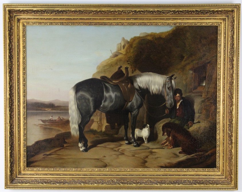 William Crosby (1830-1910) United Kingdom Painting: William Crosby (1830-1910) United Kingdom Oil On Panel Painting. Classic English Scene Depicting Thoroughbred Horse, Englishman, Dogs, And Harbor Scene. Housed In Ornate Gold Gilt Frame. Signed Lower 