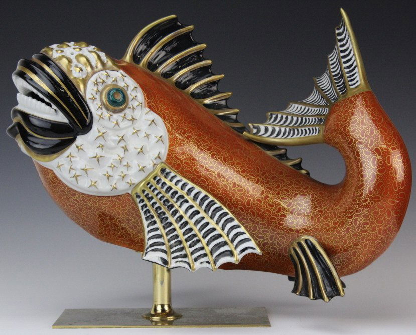 Oggetti Mangani 14.5" Porcelain Red Fish Sculpture: Large Hollywood Regency fish sculpture by Oggetti Mangani. Crafted of fine quality Italian porcelain with hand painted Rust Red body with black and old pattern highlights. Mounted to a gold finished b