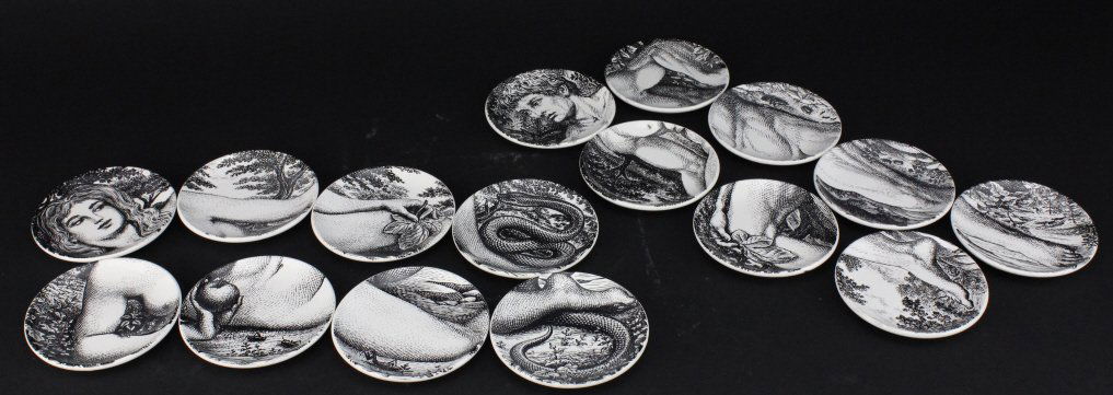 SET 16 Fornasetti Adam & Eve Italy Pottery Plates: Fabulous complete set of coaster plates by Piero Fornasetti. Features the Adam and Eve (Adamo Ed Eva) design cleverly placed on 4" pottery dishes. When placed together they complete the design in tran