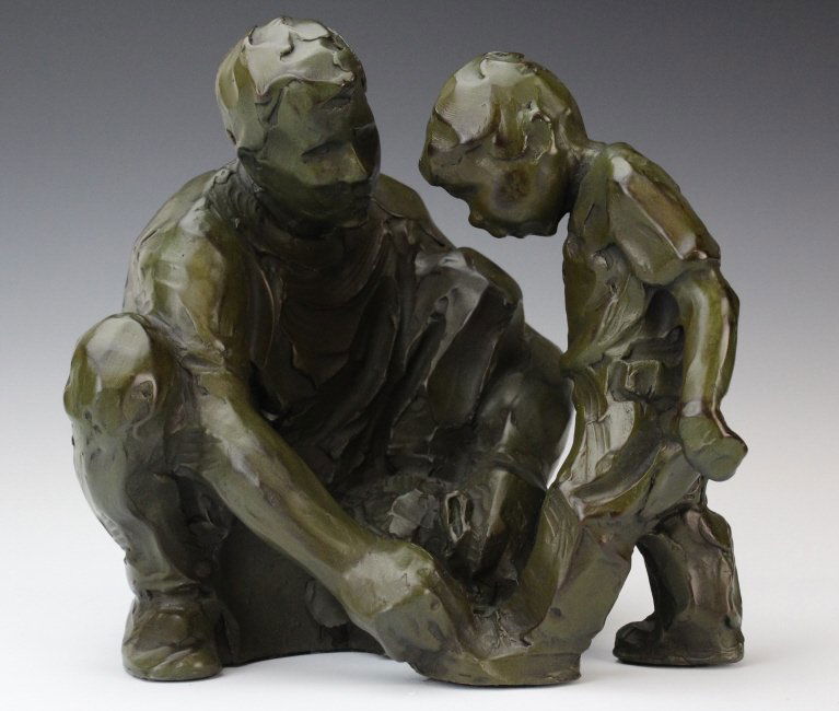 Jane DeDecker 1961- American 8" Bronze Sculpture: Jane DeDecker (1961-) American. Fine Quality Cast Solid Bronze Statue "The Ties That Bind." Depicting Father And Son Figures. Signed On The Back On The Base. Good condition; no issues to note. Measure