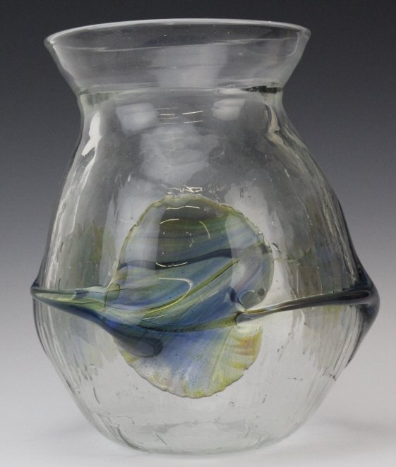 PETER BRAMHALL Studio Art Glass 8" Sculpture Vase: Vintage signed Peter Bramhall Studio Art Glass Sculpture Vase. Crystal vase with textured body with organic Amber and Blue Applied and Pulled Ornaments add character and style to this vessel. Signed "