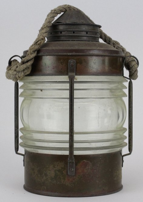 LARGE Antique 19c Copper Glass Ships Lantern Light: Antique 19th century ship's lantern. Crafted of copper and brass. Features a vented top with fitted glass insert and rope handle. Unmarked. Measures 14" x 8 1/2". Good unrestored condition with patina
