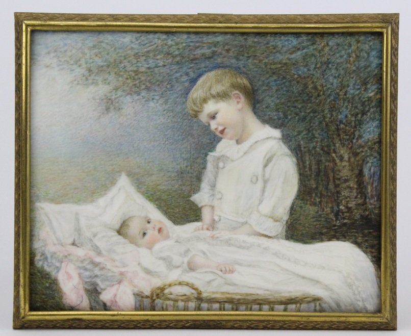 Antique Miniature Impressionist Child Portrait Painting: Lovely antique Impressionist style portrait of young children. Well painted with great attention to detail. Housed in a Gold Gilt Bronze frame. Measures 4" x 5". Good condition with light soiling of s