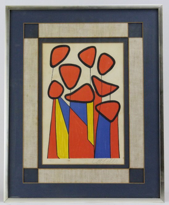 Pencil Signed Alexander CALDER L/E Screen Print: Vintage Alexander Calder (1898-1976 New York / France) limited edition screen print. Titled: Spring Carnival. Features a great modernist style in red, blue and yellow with rich black outlines. Pencil