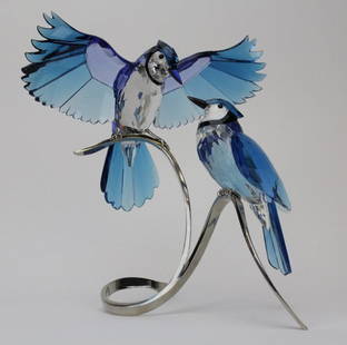 Swarovski Art Glass Crystal 11" Blue Jays Figurine 6149: Large Blue Jays (1176149) figurine by Swarovski. Beautiful blue colored crystal wings and tails with black and darker blue accents. Rests on a silver finished branch. Signed with the Swarovski logo