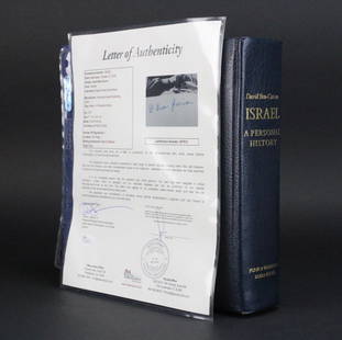 RARE Signed David Ben-Gurion Israel History Book w/ COA: Rare hand signed limited first edition book Israel: A Personal History by David Ben-Gurion. First printing in a limited edition of 2000 from 1971. Thick original full dark blue morocco leather