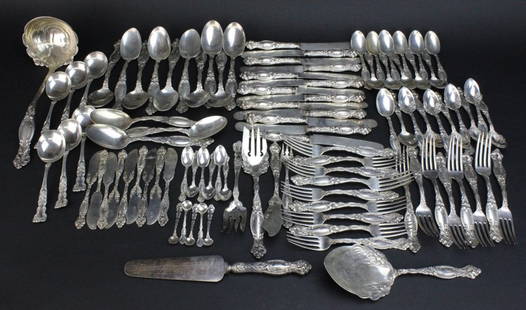 Simpson Hall Lily Frontenac Sterling Silver Flatware: Antique flatware set in the Lily or Frontenac pattern by Simpson Hall & Miller. Crafted of solid sterling silver. Gorgeous art nouveau style floral design. Signed with the knights shield hallmark and