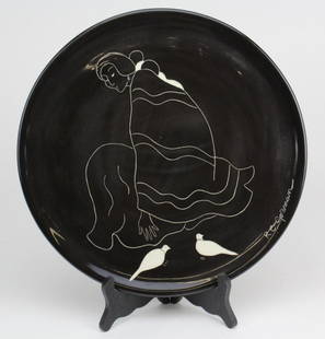 Signed Rc Gorman (1932-2005) Navajo LE Porcelain Plate: R C Gorman (1932-2005) American. Crafted of fine quality painted black and white porcelain. Limited edition 56/100 Titled Los Polomas st I. Features a scene of a seated Navajo Native American Indian