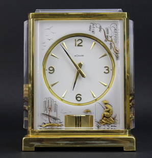 RARE LeCoultre Asian Chinoiserie Atmos Mantle Clock: White Chinoiserie LeCoultre, "Atmos," Fine and very rare, rectangular gilt brass and Lucite mantel clock with Chinese Theme panels, wound by barometric pressure changes. Glazed on 4 sides and on the