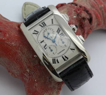 18K White Gold Cartier American Tank Chrono Wrist Watch: Fine men's 18k white gold Cartier Tank American chrono wrist watch in a two piece rectangular case (26.5x45) Ref 2312. Cartier quartz movement with "Fausses Cotes" decoration, 8 jewel movement in